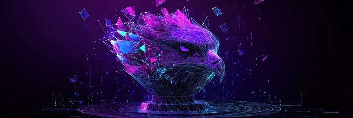 Poster - Digital eagle with glitch effect on purple background.