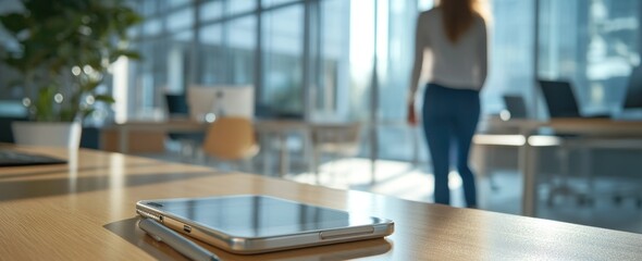 Poster - Tablet on desk, person walking in open office area.