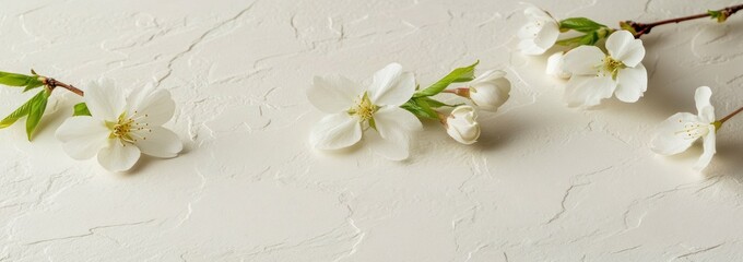 Poster - Blossoming sprigs, white blossoms on textured, creamy background.