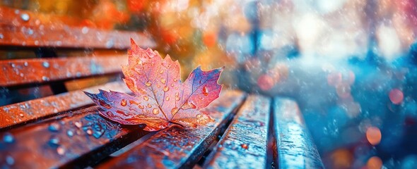 Poster - Wet maple leaf on bench with bokeh.