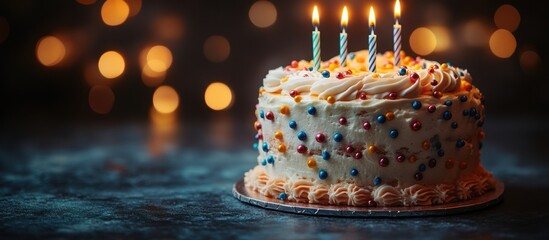 Wall Mural - Delicious birthday cake with four lit candles on dark background.