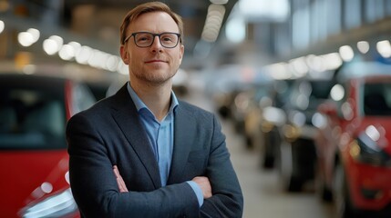 Wall Mural - A man scientist highlights the efficiency of electric vehicles and energy-saving designs, advancing the green transportation movement