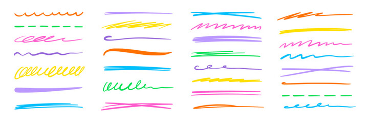 Aufkleber - Line pen brush marker color stroke underline vector set. Hand drawn doodle sketch pen brush stroke scribble underline. Marker emphasis color doodle sketch grunge highlight. Vector illustration.