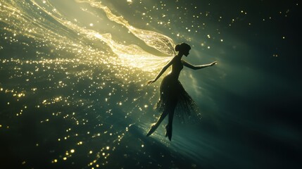 Wall Mural - Golden Winged Fairy Dancing Through Sparkling Dust