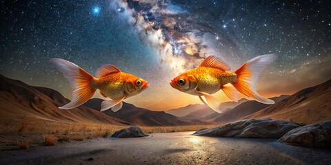 Wall Mural - Goldfish in a Cosmic Landscape under Starry Sky