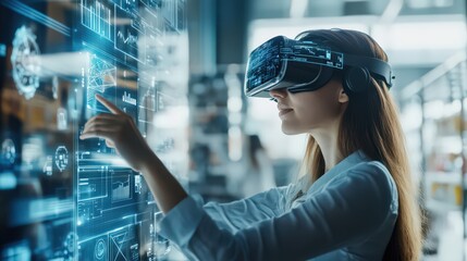Wall Mural - a woman researcher integrates iot in retail, improving inventory management and customer experiences