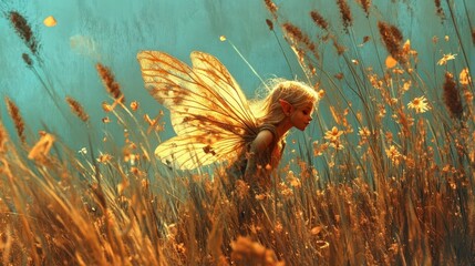 Wall Mural - Golden Winged Fairy Amongst Autumnal Meadow Flowers