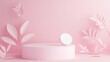 © hassan - Abstract minimalist composition with geometric shapes, cylinder podium display for product showcase, and delicate paper leaves on soft pink background