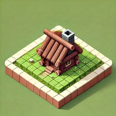 A isometric square tile on grass with a interesting primitive house (2)_Nero AI_Photo