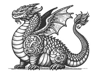 Wall Mural - Chubby faty dragon with intricate scales, wings, and regal expression, blending fantasy and artistry sketch engraving generative ai vector illustration. Scratch board imitation. Black and white image