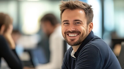 Wall Mural - a man logistics manager smiles as he integrates smart logistics and industry 4.0, celebrating smooth
