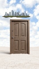 Canvas Print - A surreal door standing in a barren landscape with a city skyline above.