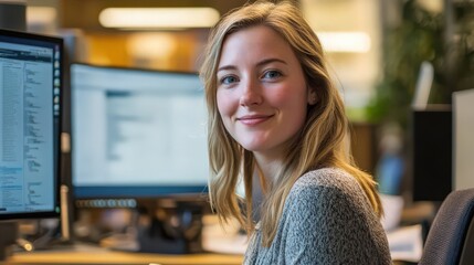 Wall Mural - a woman software developer integrates manufacturing software into production systems, improving data