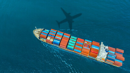 Aerial view of the freight shipping transport system cargo ship container. international transportation Export-import business, logistics, transportation industry concepts	