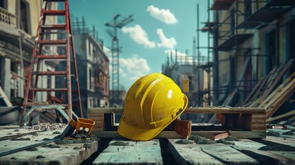 Construction Site: Yellow Hard Hat on Wooden Beams