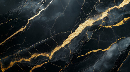 A close-up of white marble with black veins and gold accents, showcasing the unique patterns that make up its surface. The background is dark gray to highlight the stone's texture