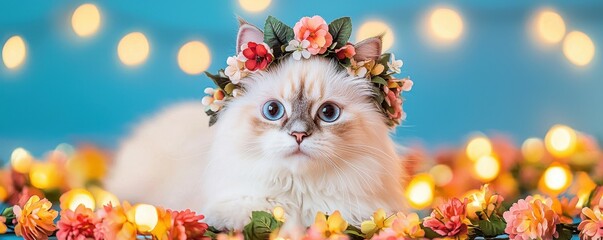 Canvas Print - Petfluencer and celebrities concept. Fluffy cat with floral crown surrounded by lights and flowers