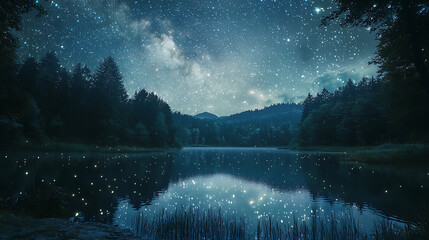 A serene lake at night with a sky full of stars
