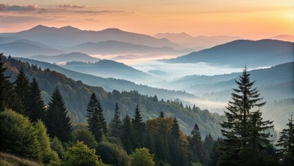  Misty Mountain Sunrise Layers of rolling hills and evergreen forests bathed in the soft light of dawn
