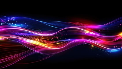 Wall Mural - Smooth neon waves with sparkles on black background. Energy flow concept
