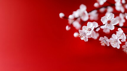 Wall Mural - A branch with white flowers on a red background