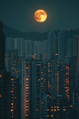 Wall Mural - Cityscape at Night with Full Moon