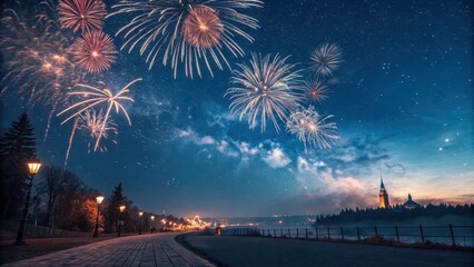 A nighttime celebration with fireworks exploding over a picturesque waterfront promenade and a church in the distance