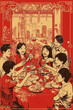 © Pakpong - Celebration of Chinese New Year in family dining scene, featuring joyful gathering with children and adults toasting with drinks. vibrant red and gold colors enhance festive atmosphere