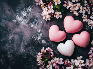 Poster - Pink hearts with white flowers on black