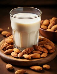 Wall Mural - Creamy almond milk in a glass, surrounded by almonds.