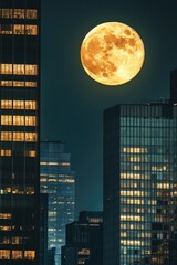 Poster - City skyline at night with full moon