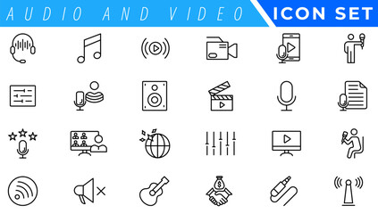 audio and video web icons set in thin line design. pack of camera movie, voice, radio, music streami