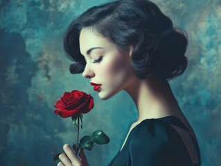 Canvas Print - Woman with red rose