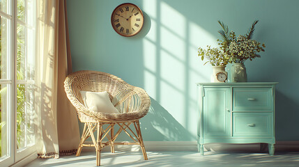 Wall Mural - A room with a blue wall and a wicker chair with a white pillow