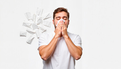 Man sneezing into tissue surrounded by tissues, white background