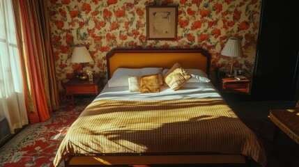 Poster - Sunlit Bedroom with Mustard Yellow Bedding and Floral Wallpaper