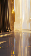 Wall Mural - A room with two curtains, one is gold and the other is white. The room is empty and the curtains are drawn