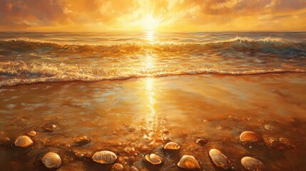 Wall Mural - A serene beach scene at sunset with gentle waves and seashells on the shore.