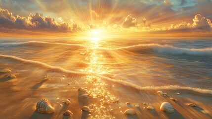 Wall Mural - A serene beach scene at sunset, with shimmering water and seashells on the sand.