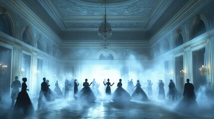 Poster - Silhouetted Figures Dance in a Grand Palace Ballroom