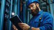 © Anna - technician with a beard wearing a blue uniform and hard hat examines electrical panels while holding a clipboard
