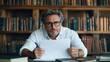 © Anna - man sitting at a wooden desk in a library thoughtfully reviews a blank sheet of paper, surrounded by bookshelves filled with various volumes in the warm afternoon light