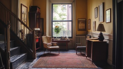 Poster - A sunlit vintage hallway features antique furniture and artwork