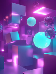 Wall Mural - a colorful, abstract image of cubes and spheres in a purple background. the cubes are in various siz