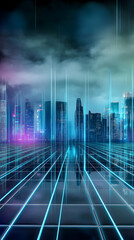 Wall Mural - A cityscape with a blue sky and a city skyline. The sky is filled with clouds and the city is lit up with neon lights. Scene is futuristic and vibrant