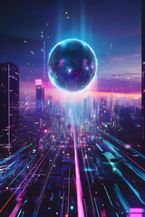 Wall Mural - a cityscape with a glowing orb in the sky. the city is lit up with neon lights and the orb is surrou