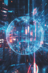 Wall Mural - A blue sphere with a city in the background. The city is lit up with neon lights and the sphere is surrounded by a glowing aura. The image gives off a futuristic and technological vibe