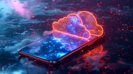 Wall Mural - mobile cloud computing idea showing a smartphone with a digital cloud neon icon emerging from the sc