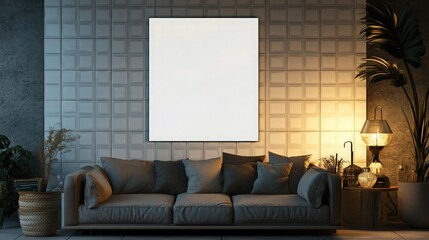 Wall Mural - A modern office lounge featuring a comfy couch, decorative accessories, and a blank white mock-up poster on the tiled wall for custom designs.