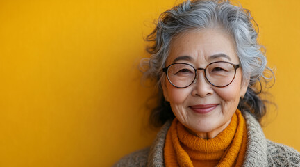 Wall Mural - close up portrait of smiling asian elderly plus size body standing against the gray-yellow clean wall, space for tex